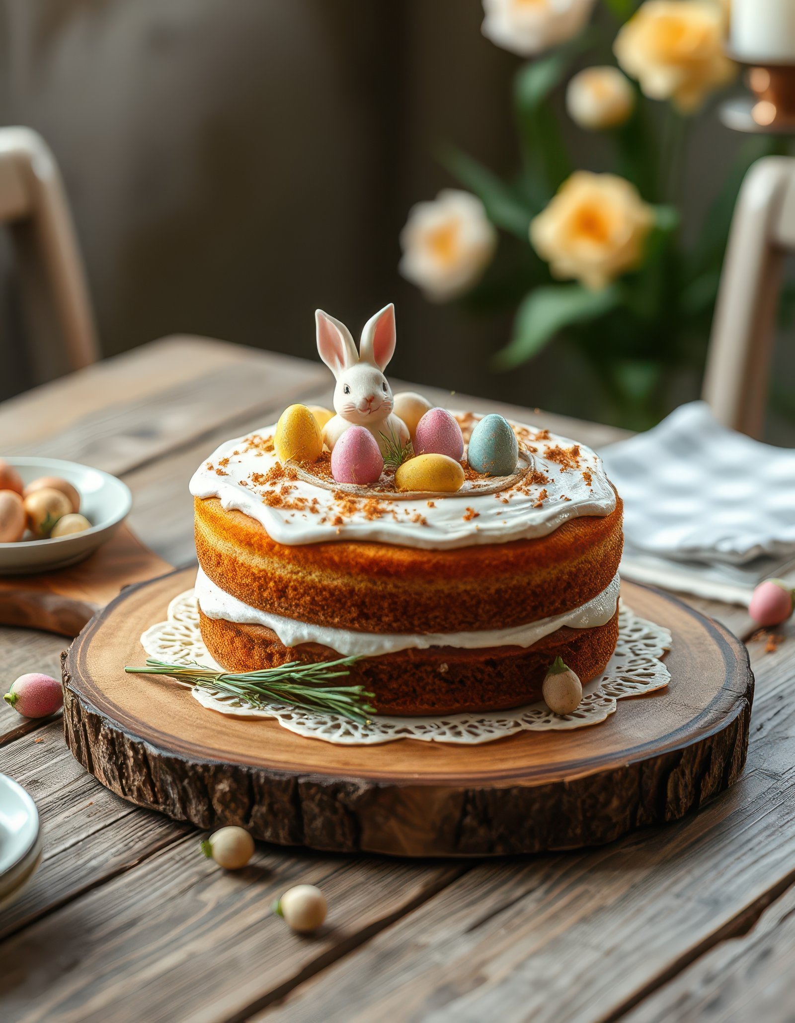 Festive spring cake decorated with bunny and colorful eggs on a wooden table with flowers in the background